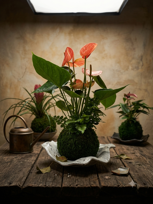 Verigated red-pink-white Anthurium and Fern arranged kokedama -- Bonsai Moss ball -  house decor with Japanese technique plants!