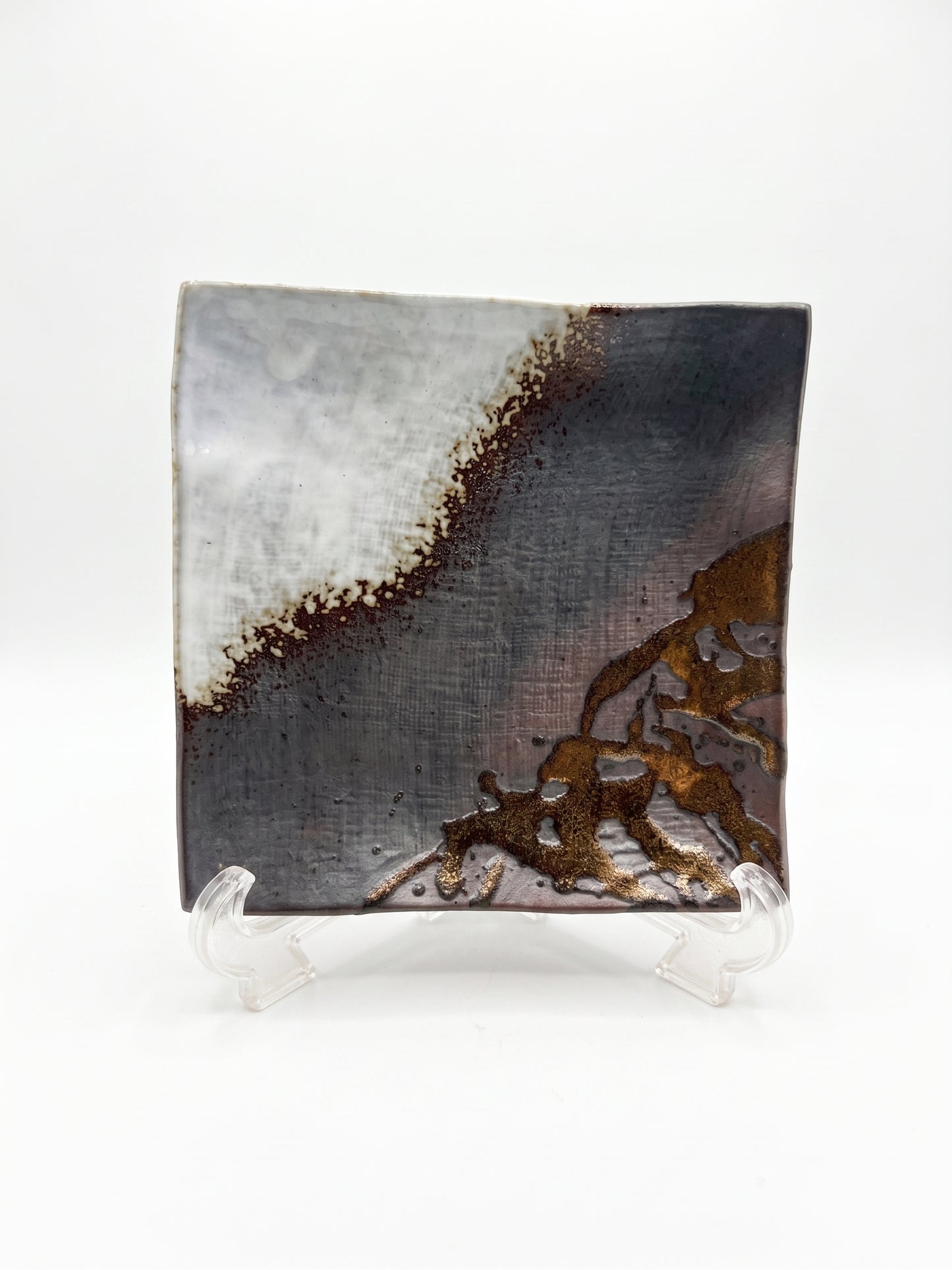 Banko Ware White & Gold Accent Square Ceramic Plate, Wabi-Sabi Banko Ware Square Display Tray (6.25" x 6") 白彩金彩 (Hakusai Kinsai)