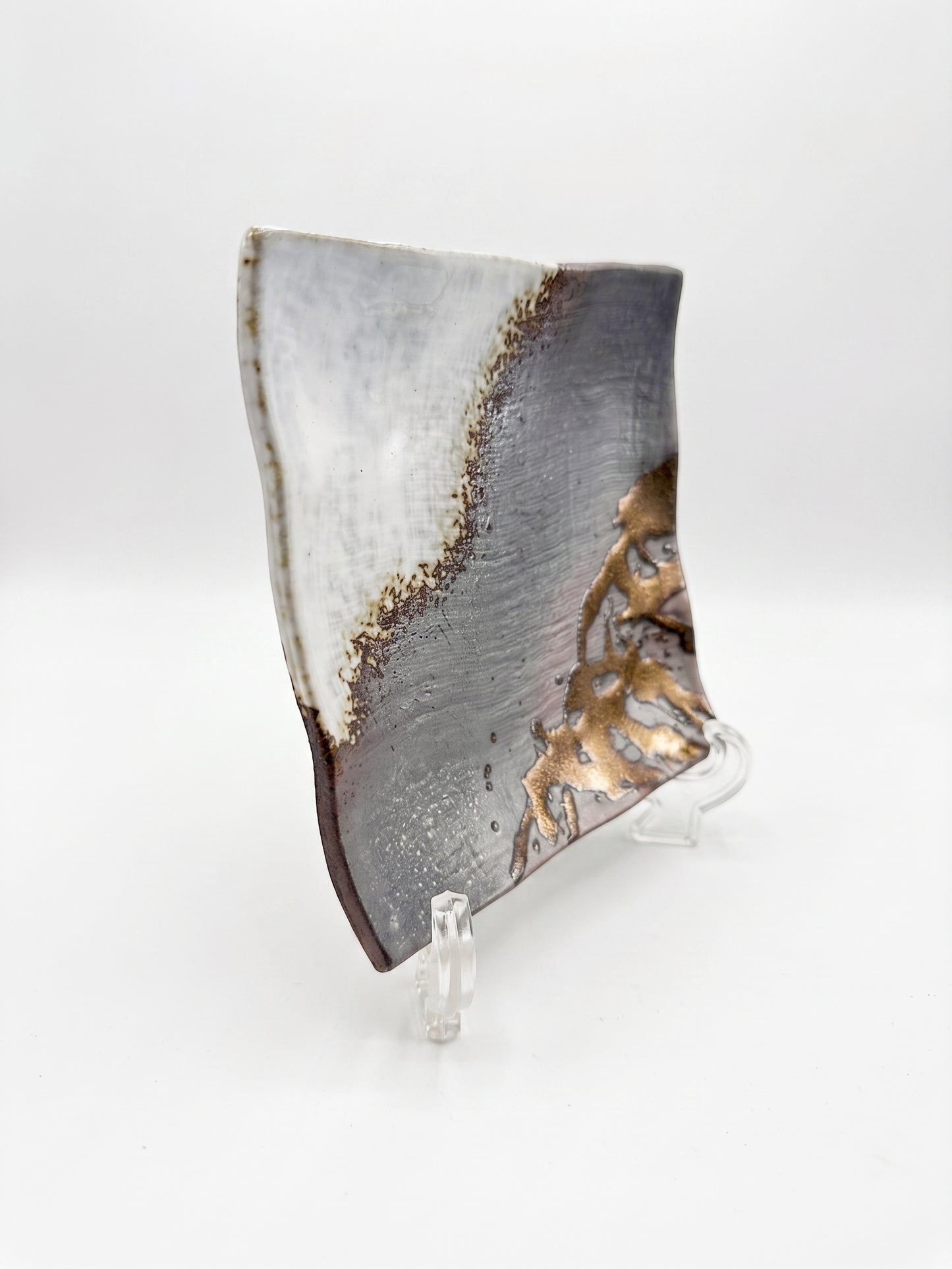 Banko Ware White & Gold Accent Square Ceramic Plate, Wabi-Sabi Banko Ware Square Display Tray (6.25" x 6") 白彩金彩 (Hakusai Kinsai)