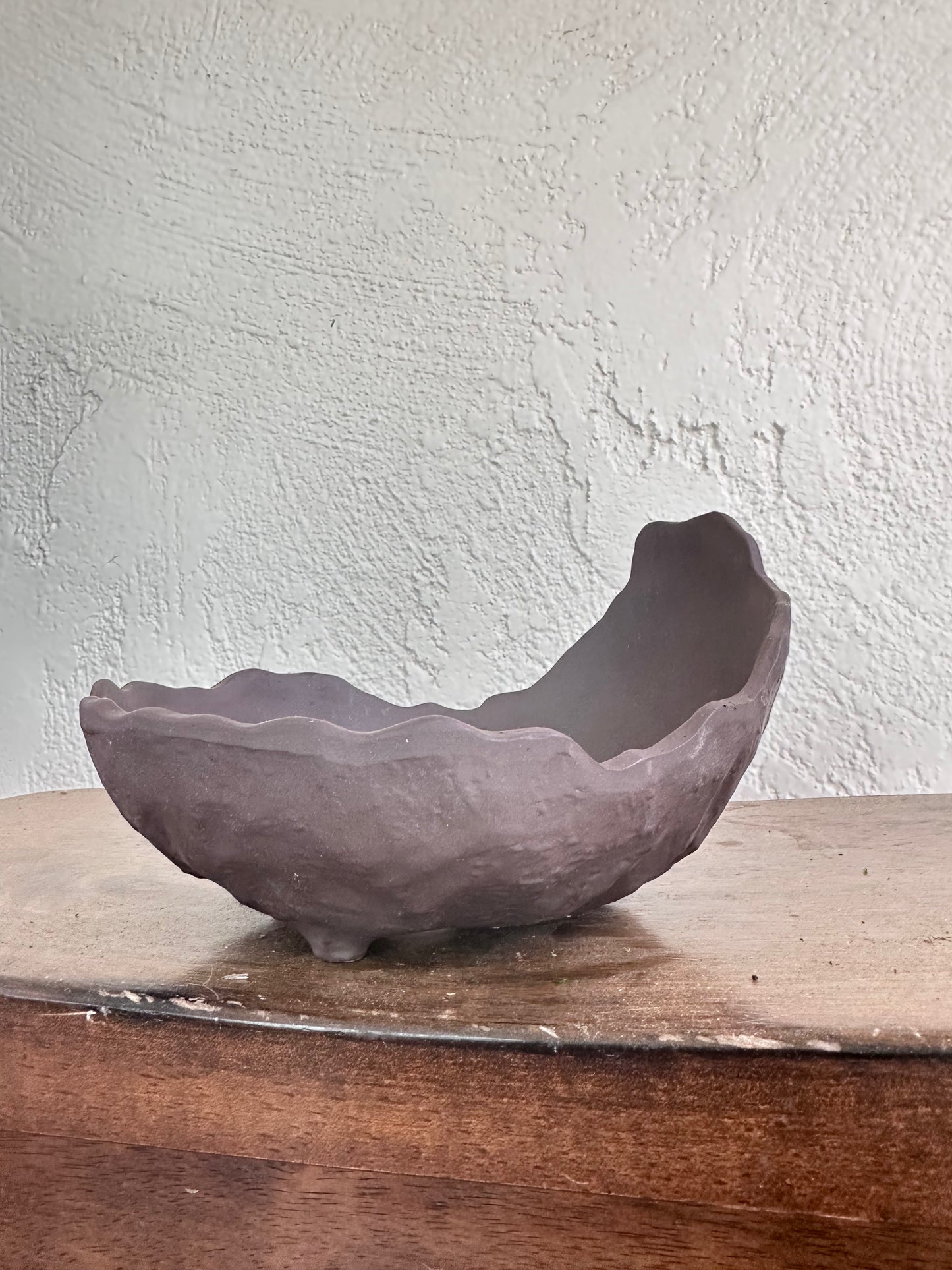 Handmade Wabi Sabi Bonsai Pot, Unglazed Raw Clay Kokedama Planter, Footed Crescent Cascade Succulent Bowl, Crested Ceramic Tray 7" x 5.5"