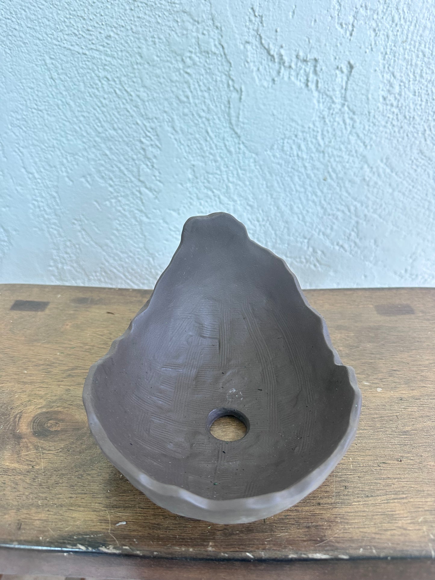 Handmade Wabi Sabi Bonsai Pot, Unglazed Raw Clay Kokedama Planter, Footed Crescent Cascade Succulent Bowl, Crested Ceramic Tray 7" x 5.5"