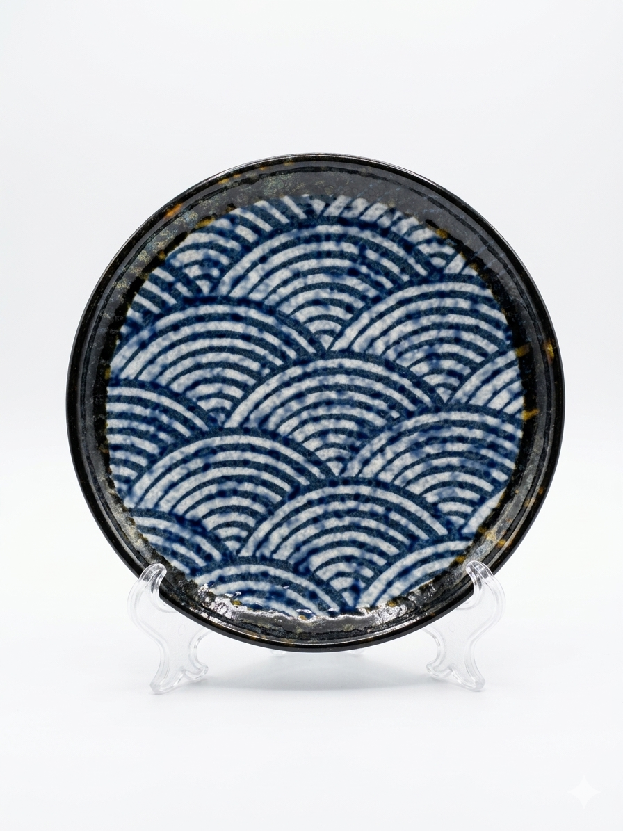 Indigo Ocean Kokedama Dish - Traditional Japanese Wave Pattern