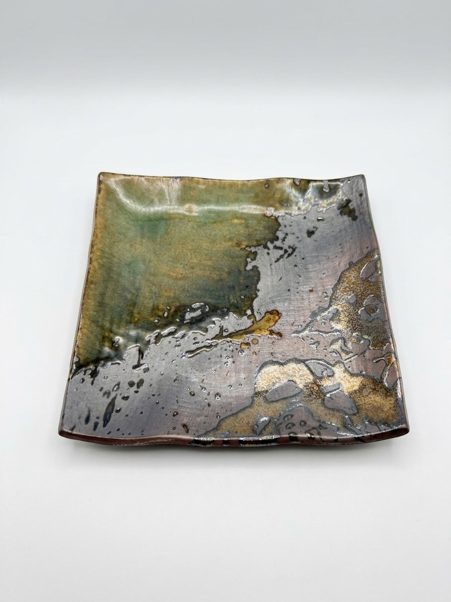 Banko Ware Oribe Green & Ash Drip-Glaze Square Ceramic Plate, Wabi-Sabi Banko Ware Square Display Tray (6.25" x 6")