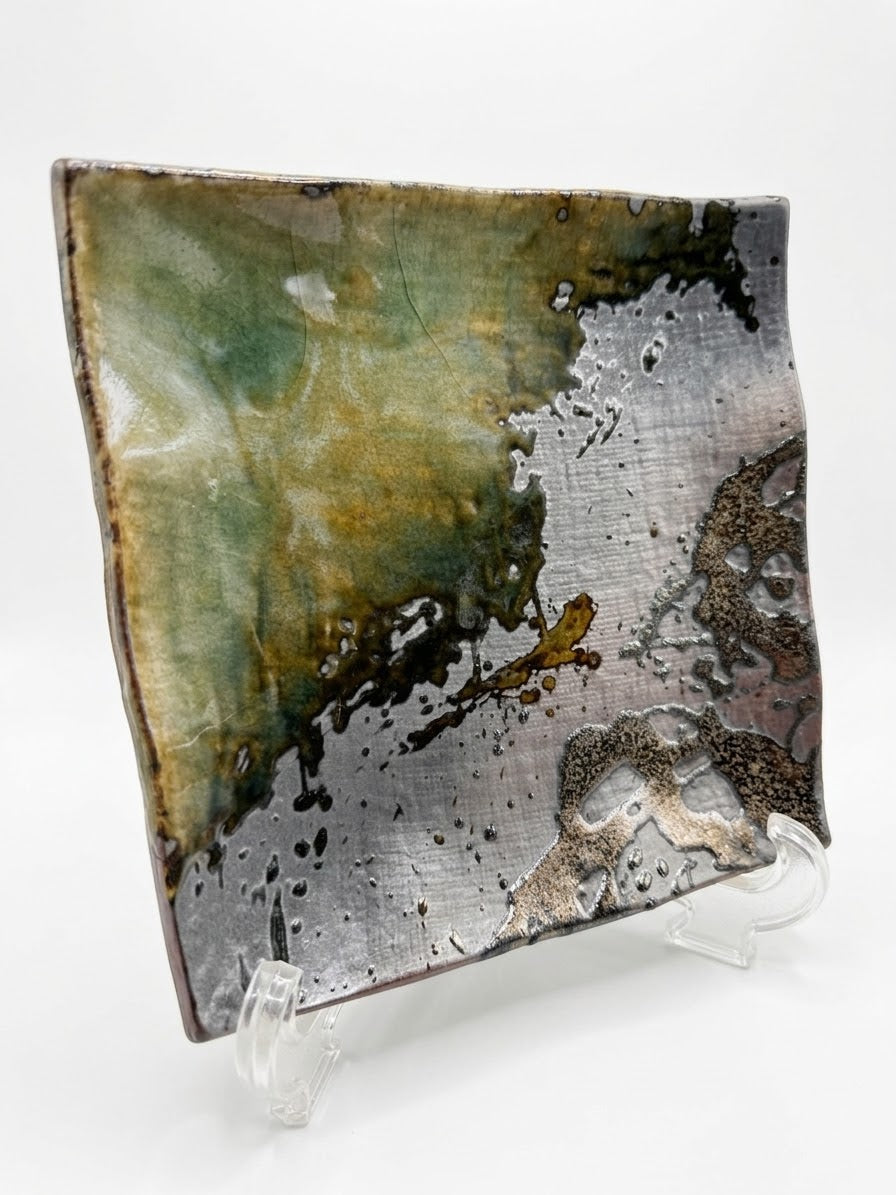 Banko Ware Oribe Green & Ash Drip-Glaze Square Ceramic Plate, Wabi-Sabi Banko Ware Square Display Tray (6.25" x 6")