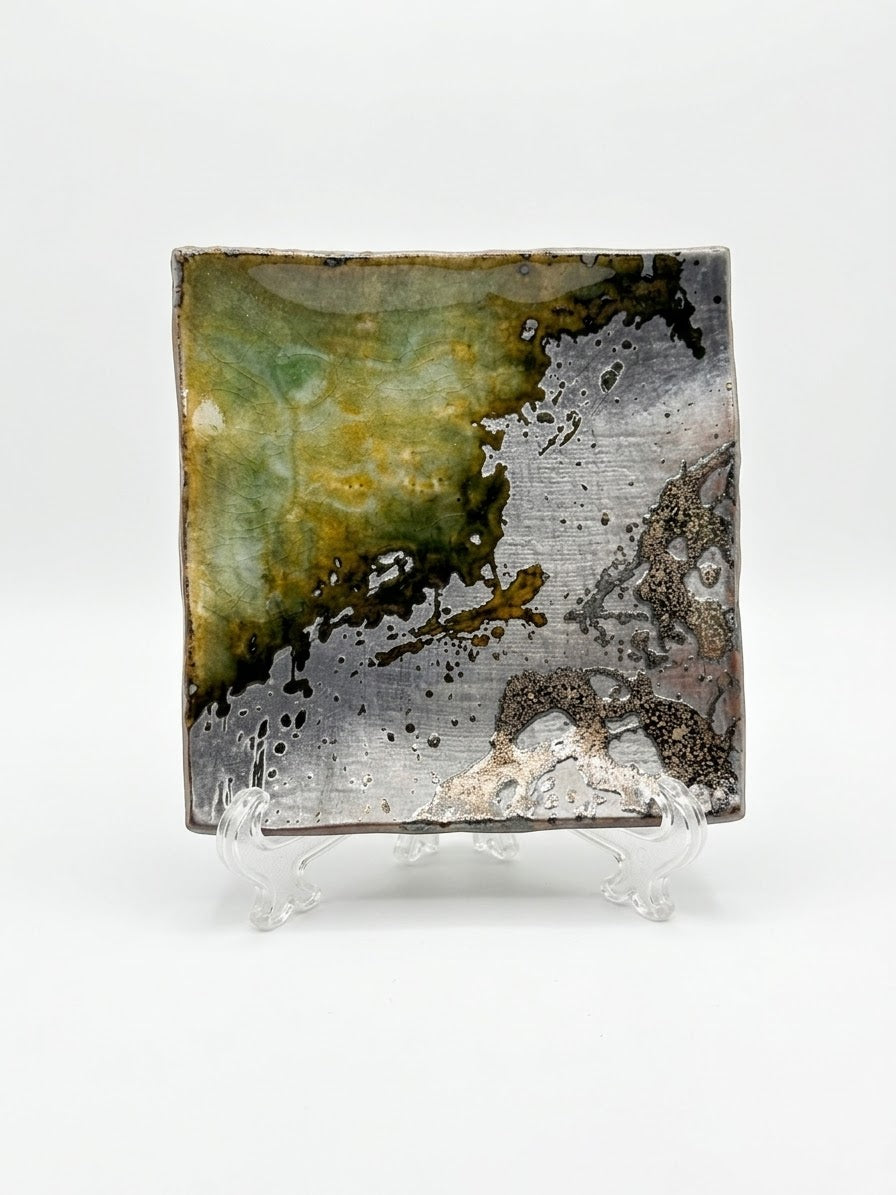 Banko Ware Oribe Green & Ash Drip-Glaze Square Ceramic Plate, Wabi-Sabi Banko Ware Square Display Tray (6.25" x 6")