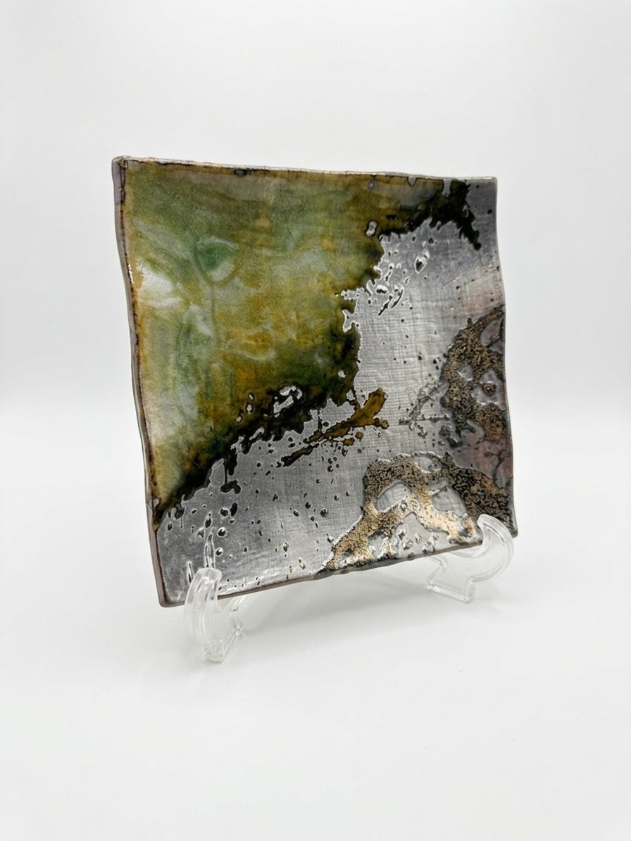 Banko Ware Oribe Green & Ash Drip-Glaze Square Ceramic Plate, Wabi-Sabi Banko Ware Square Display Tray (6.25" x 6")