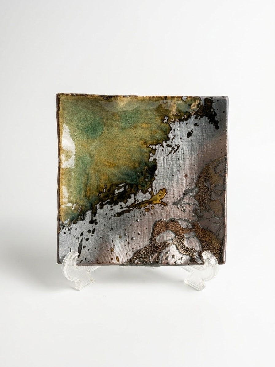 Banko Ware Oribe Green & Ash Drip-Glaze Square Ceramic Plate, Wabi-Sabi Banko Ware Square Display Tray (6.25" x 6")