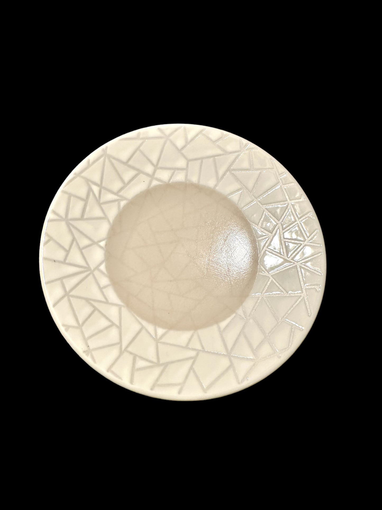 White/light brown mosaic, Japanese Ceramic Saucer, Diameter 5.5". x Height 1.8".