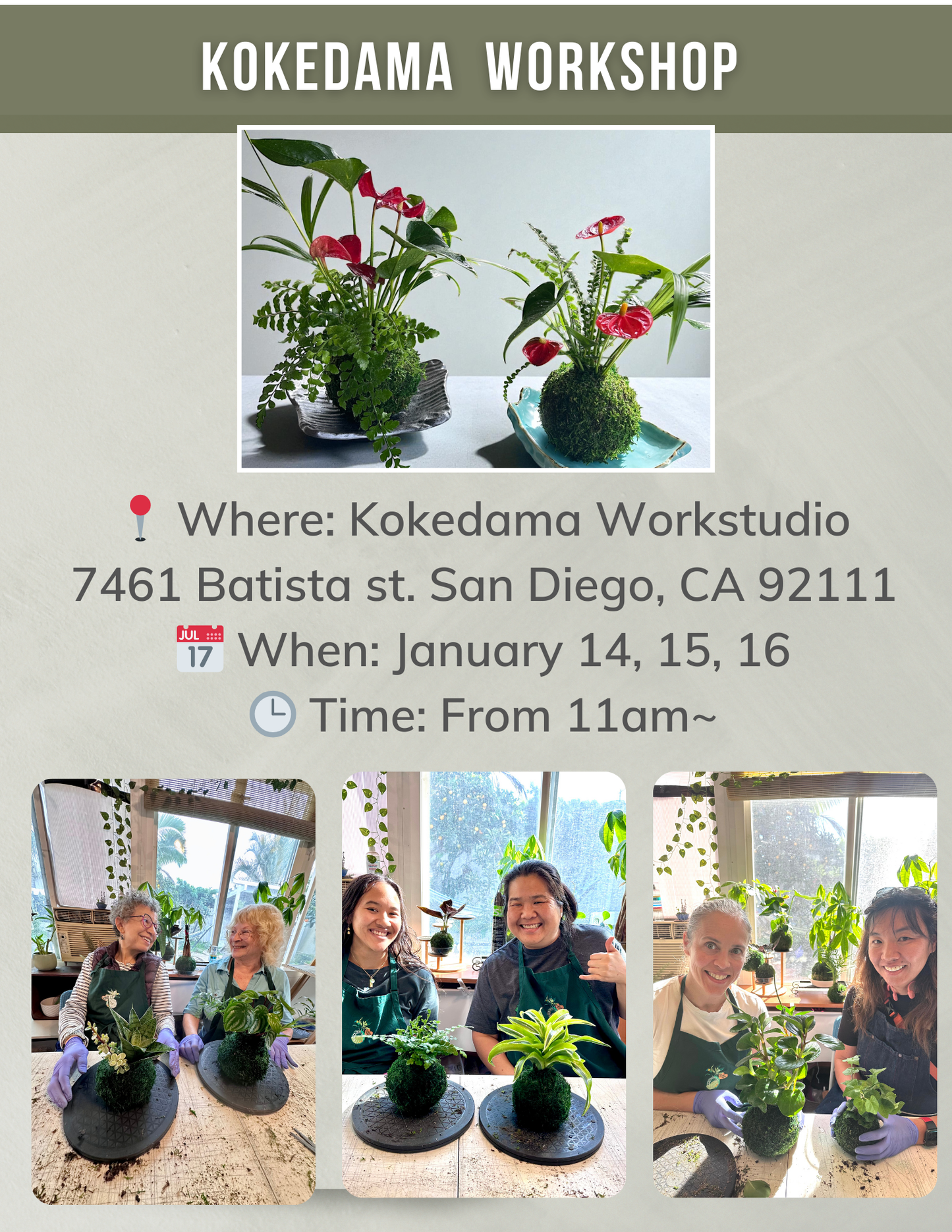 Jan 14/15/16 from 11am $40/person Kokedama Workshop at our Studio in San Diego