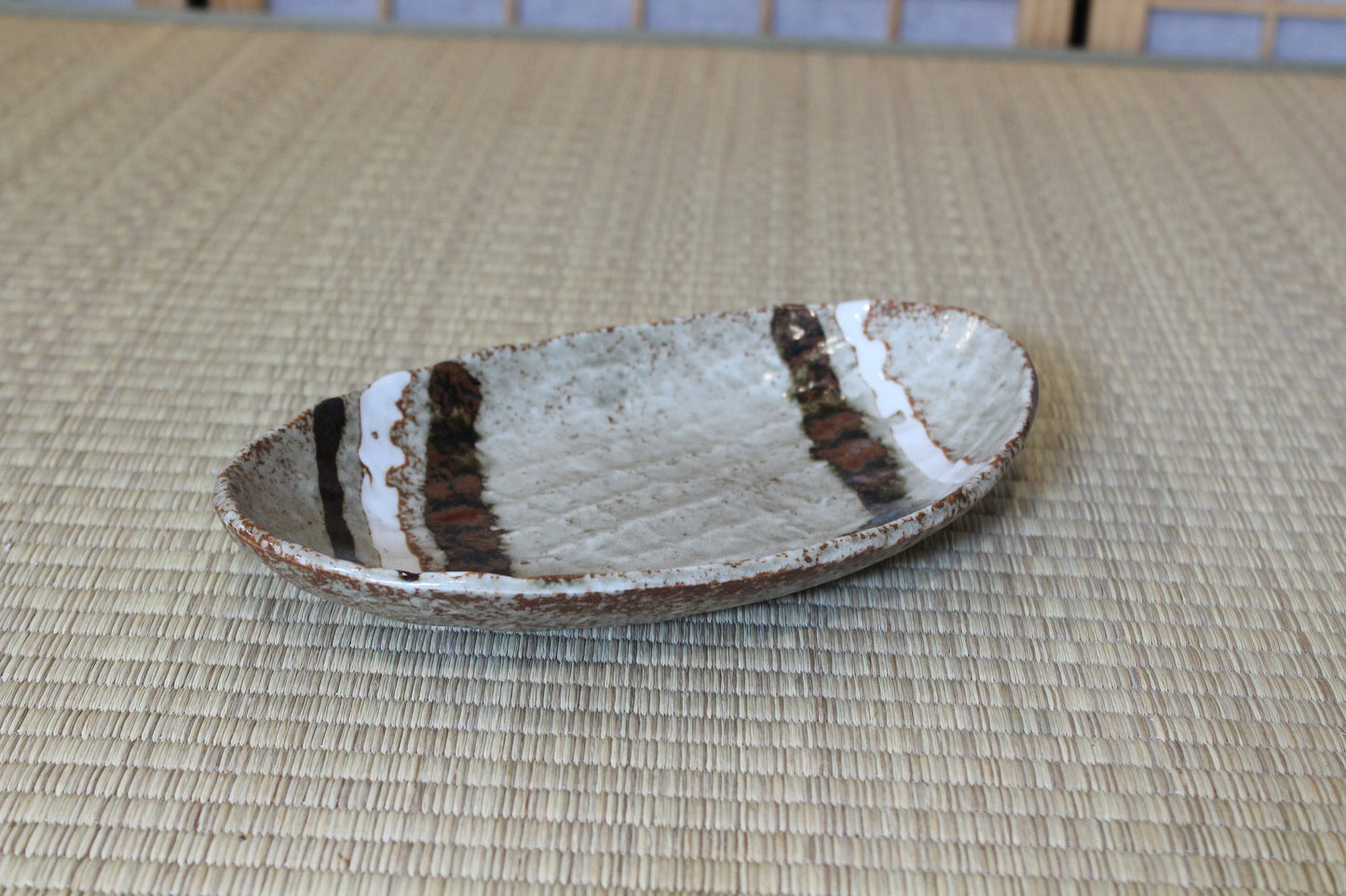 Oval Grazed brown/white designed Ceramic Saucers for Medium Kokedama. 9 x 5.5 x 1 inch