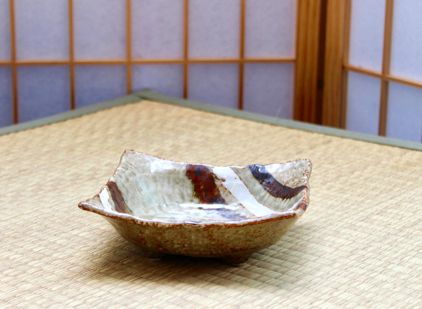 Square Grazed brown/white designed Ceramic Saucers for Medium Kokedama. 6 x 6 x 1.7 inch tall