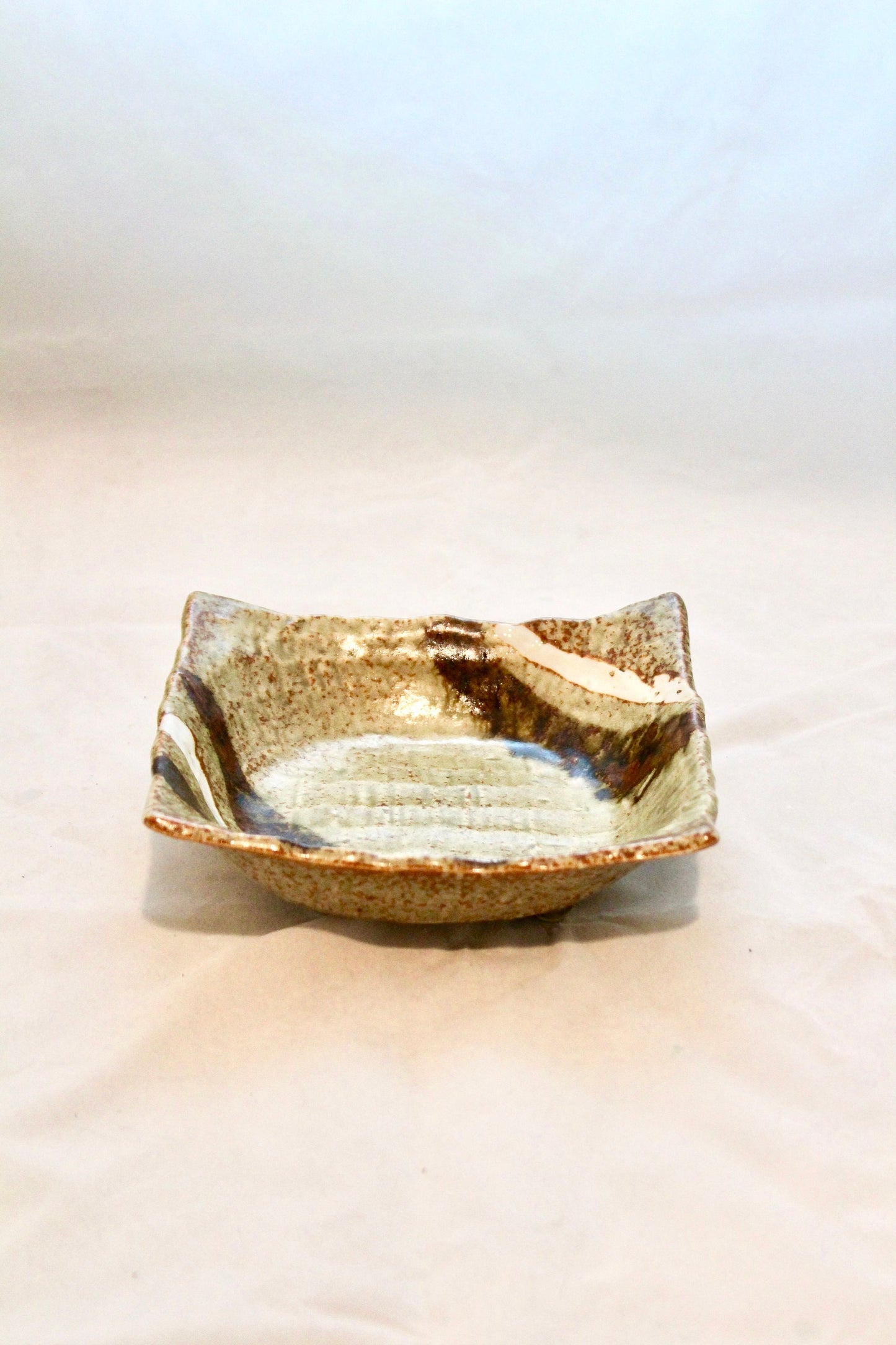 Square Grazed brown/white designed Ceramic Saucers for Medium Kokedama. 6 x 6 x 1.7 inch tall