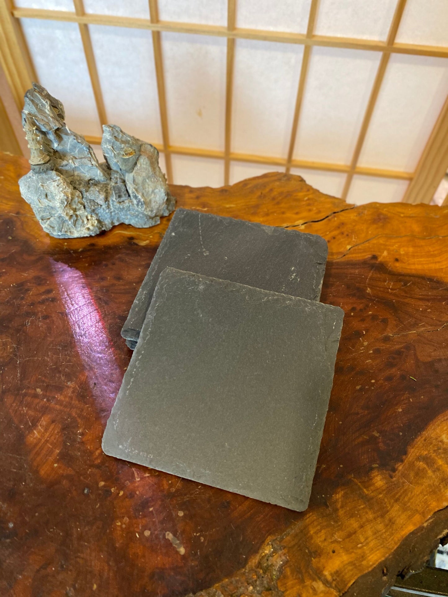 Square Small Slate plate black made by natural stone, 4 x 4 x 0.25"H. Great decoration for Bonsai, Kokedama, wafu atmosphere.