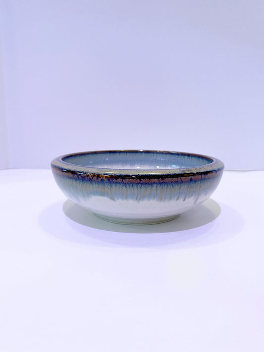 Earthy right blue, saturated streaks of deep blue, white, Wafu Japanese Ceramic deep Bowl, good for Medium Kokedama.  Size: 6.75" x 2"