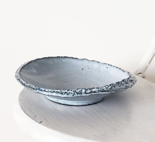 Unique roundish grazed light blue color with beautiful painting design ceramic saucers for Medium to large Kokedama. 7.5" x 7.5" x 1.25"
