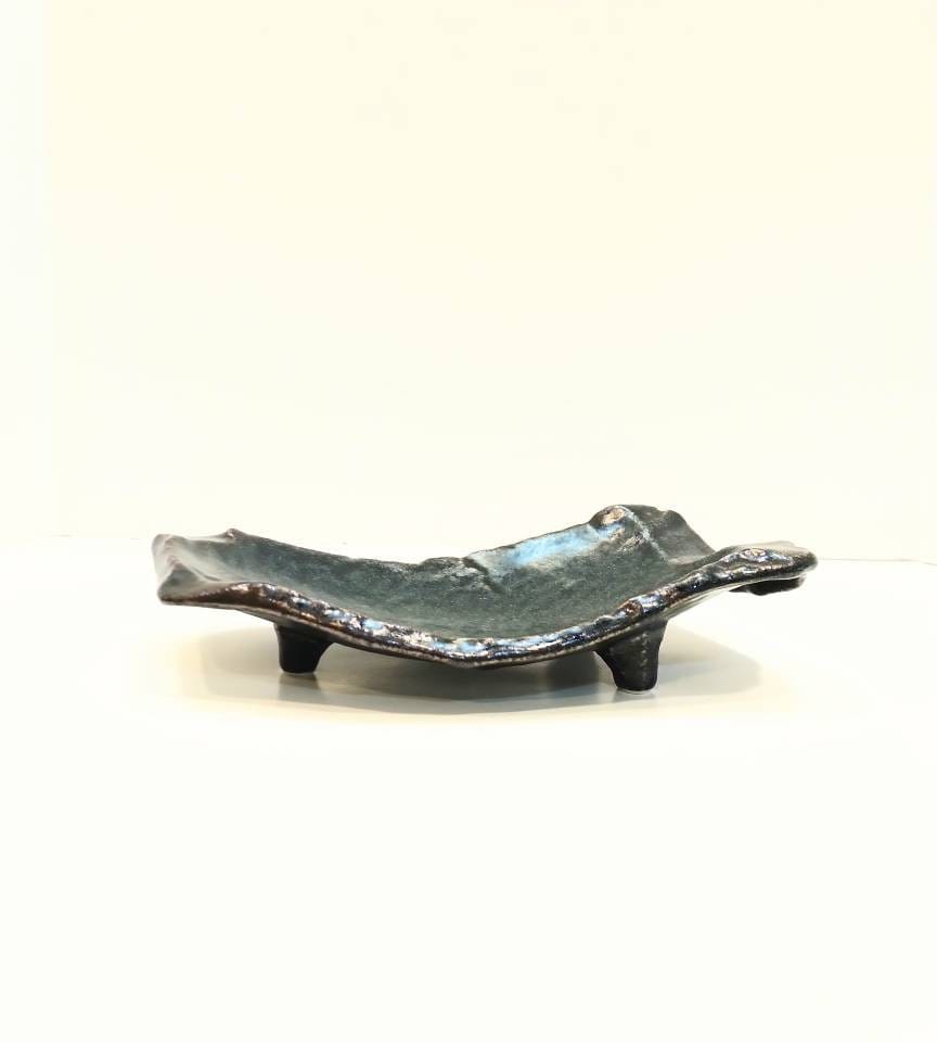Deep blue grazed Kokedama Saucer with legs, Japanese Ceramic saucer, Wafu, long rectangle