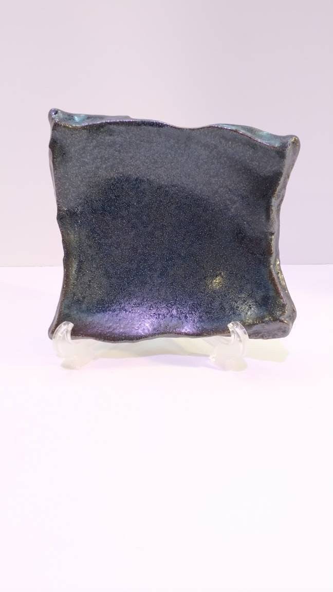 Deep blue grazed Kokedama Saucer with legs, Japanese Ceramic saucer, Wafu, square