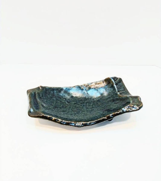 Deep blue grazed Kokedama Saucer with legs, Japanese Ceramic saucer, Wafu, long rectangle