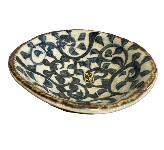 Decorative Japanese Karakusa design saucer for Kokedama 6" x 2" H  Indigo blue paint blush and charcoal brown rim color design.