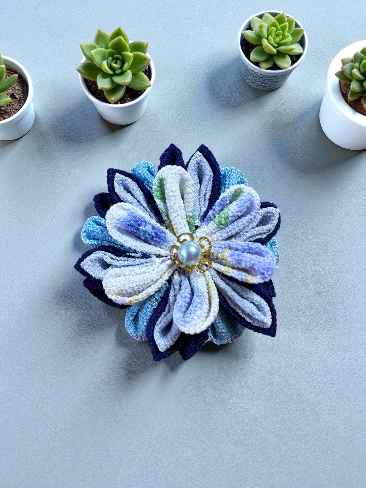 Azure Blossom – Tsumami Zaiku Dual Clip & Brooch – Kodama Forest