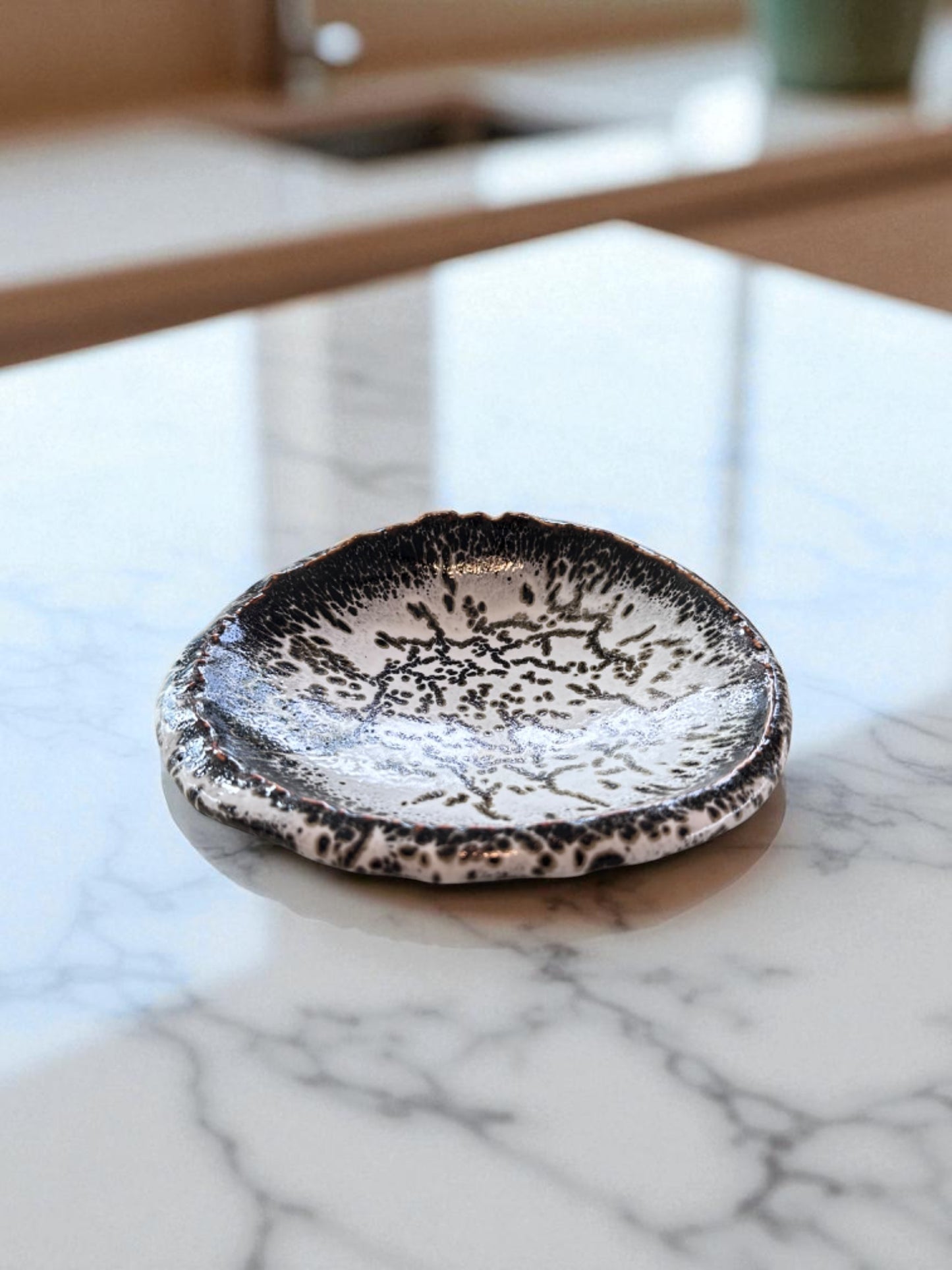 Handcrafted Japanese Stoneware Saucer – Black & White Speckled Glaze