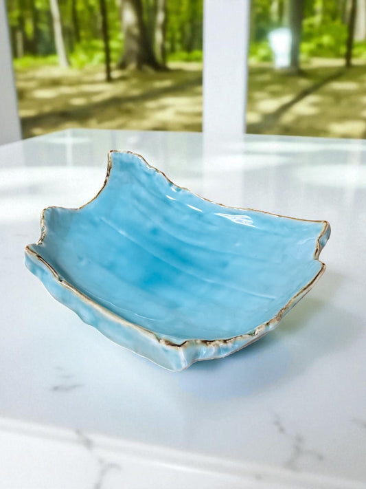 Marine Blue Wave Ceramic Plate  Edge-Rust Organic Plate – Handcrafted in Japan – 8" x 6"