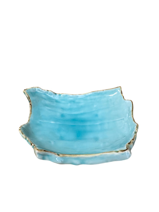 Marine Blue Wave Ceramic Plate  Edge-Rust Organic Plate – Handcrafted in Japan – 8" x 6"